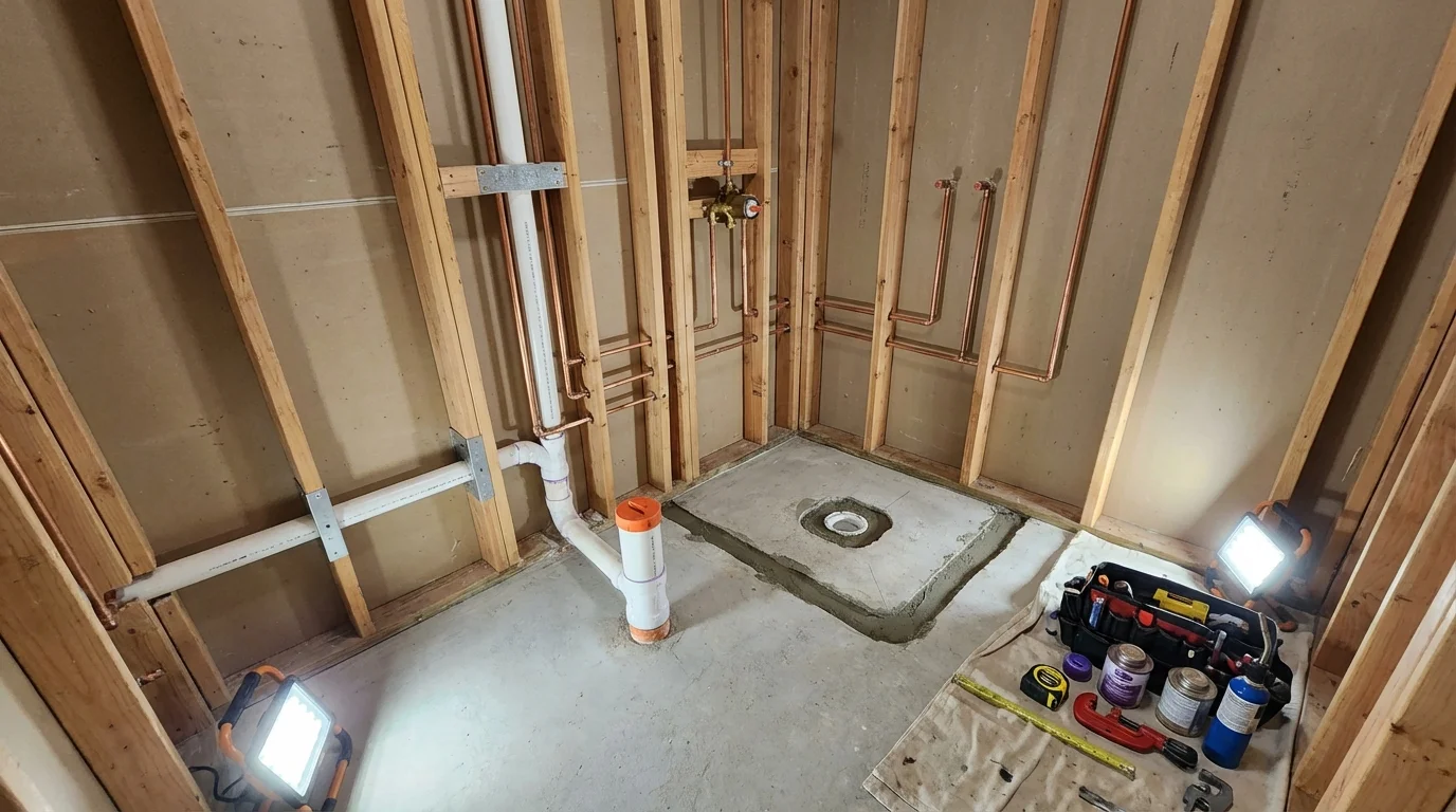 Bathroom rough-in plumbing during remodel by Johns Plumbing LLC in Essexville