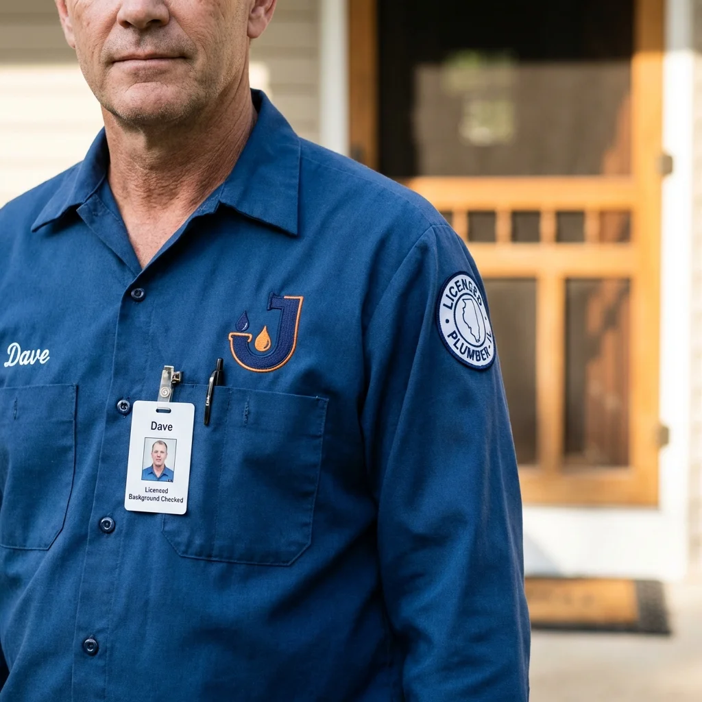 Licensed plumber showing ID badge in Essexville, MI