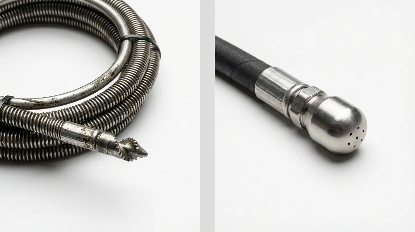 Drain snake cable and hydro jetting nozzle used for drain cleaning in Essexville, MI