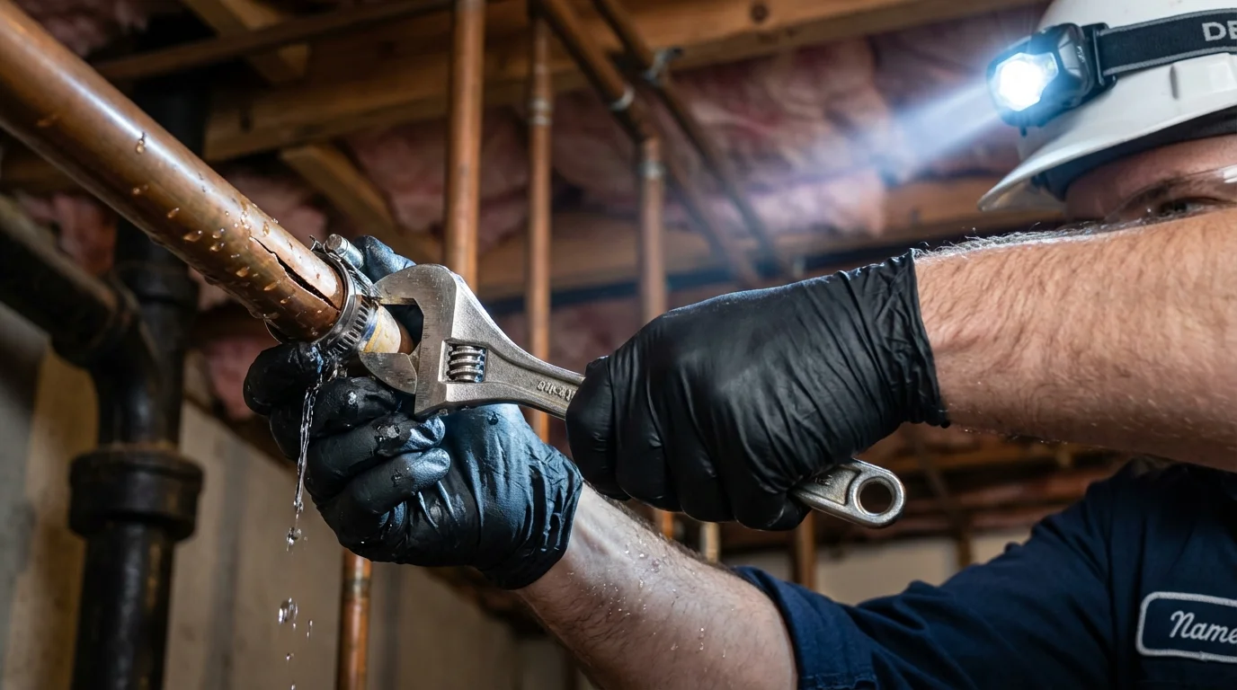Emergency pipe clamp repair being performed by a Johns Plumbing LLC plumber in Essexville