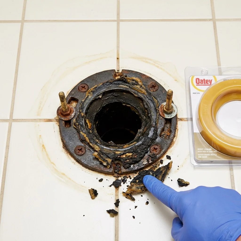 Failed wax ring showing water seepage at the base of a toilet in a Essexville, MI home