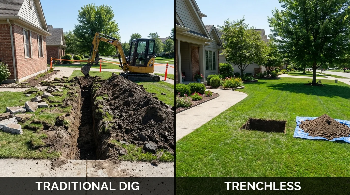Trenchless sewer repair with minimal yard damage versus traditional excavation in Essexville, MI
