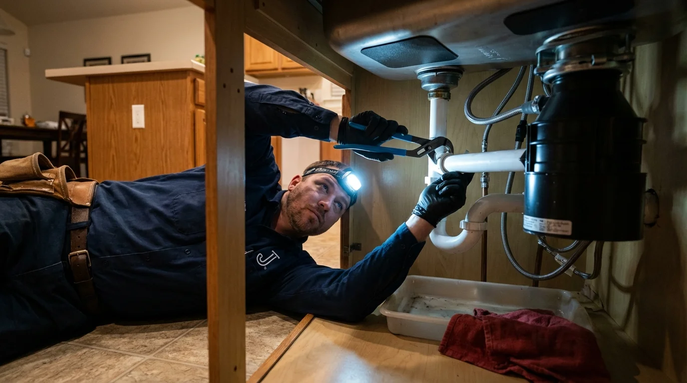 P-trap and supply line connections under a kitchen sink showing a common leak point in Essexville, MI